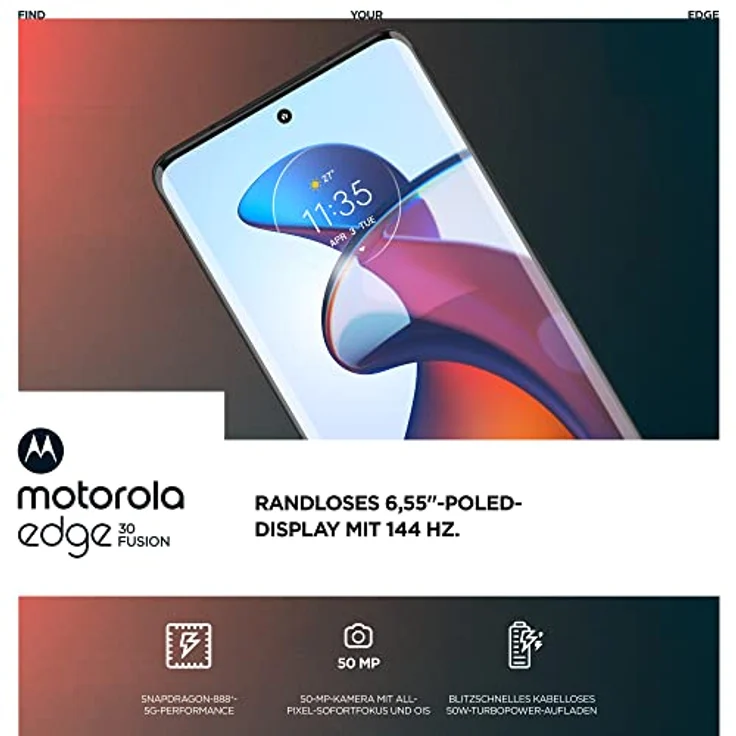 Motorola edge30 fusion Smartphone (6,55"-FHD+-Display, 50-MP-Kamera, 8/128 GB, 4400 mAh, Android 12), Cosmic Grey, inkl. Schutzcover + KFZ-Adapter  – Bild 3