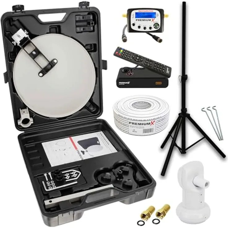 PremiumX Mobile Camping SAT Anlage, Antenne mit wettergeschütztem Single LNB, 10m Class A Kabel, F-Stecker, Satelliten-Finder, Receiver mit Programmführer, inkl. Stativ und Zubehör