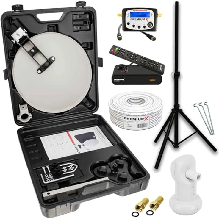 PremiumX Mobile Camping SAT Anlage, Antenne mit wettergeschütztem Single LNB, 10m Class A Kabel, F-Stecker, Satelliten-Finder, Receiver mit Programmführer, inkl. Stativ und Zubehör – Bild 1