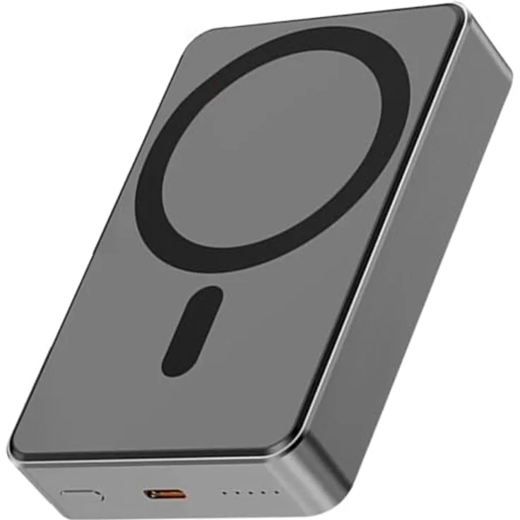 S&T Design Magnetisch Powerbank Magsafe kompatibel Kabellos Powerbank Externer Akku PB 10000 mAh, Grau, für iPhone Wireless LED Anzeige Schnellladefunktion