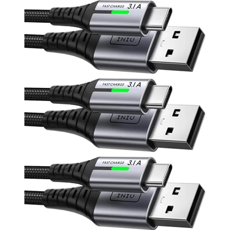 INIU USB C Kabel, [3 Stück 2m+2m+0,5m] 3.1A Nylon Geflochten Schnellladekabel, USB auf USB C für iPhone 15, Samsung S24, MacBook Air – Bild 1