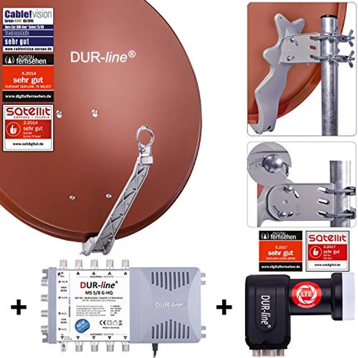 DUR-line 8 Teilnehmer Set - Qualitäts-Alu-Satelliten-Komplettanlage - Select 75cm/80cm Spiegel/Schüssel Rot + Multischalter + LNB - für 8 Receiver/TV [Neuste Technik, DVB-S2, 4K, 3D] – Bild 2