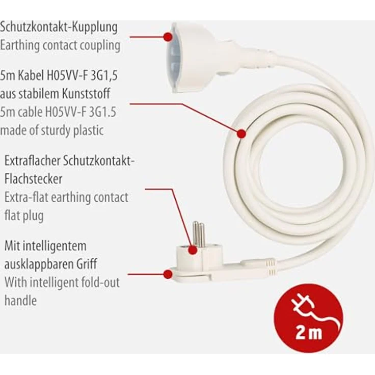 Brennenstuhl Qualitäts-Kunststoff-Verlängerungskabel mit Flachstecker (Verlängerungskabel flach für innen mit 2m Kabel) weiß – Bild 2