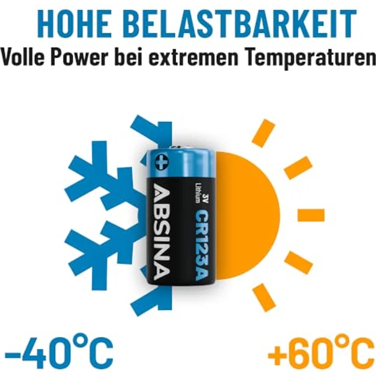 ABSINA ABSINA Batterie CR123A Lithium 3V 4er Pack Batterie, hohe Kapazität und Temperaturfestigkeit, (1 St) – Bild 6