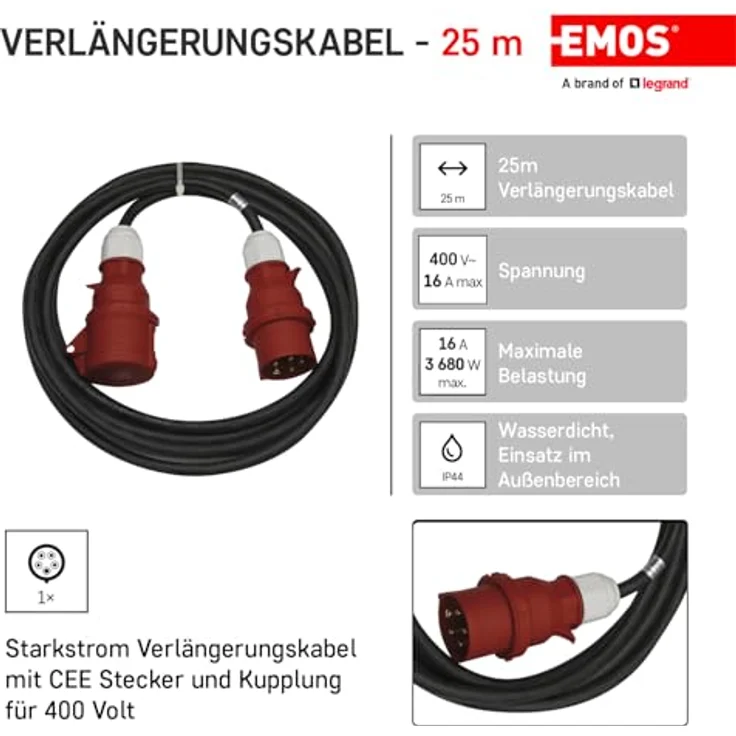 EMOS CEE-Verlängerungskabel 25m - 5-polig Stecker - wasserdicht, temperaturbeständig - 400 V, 16 A, 3680 W - Gummi-Isolierung - Schwarz – Bild 2