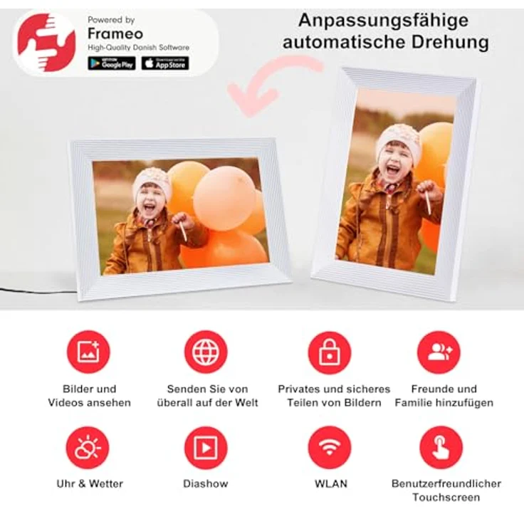 QCREA Frameo Digitaler Bilderrahmen WLAN, 10.1 Zoll IPS Touchscreen mit 1280x800 HD-Auflösung, 32GB Speicher, automatische Rotation, wandmontagefähig, weiß – Bild 2