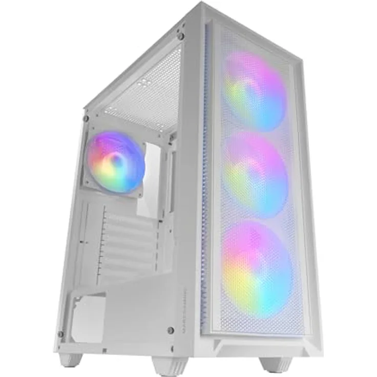 MARSGAMING MC-AIR, Gaming ATX-Gehäuse, 4X FRGB Rainbow 120mm Lüfter, Mesh-Frontpanel, Komplettes Seitliches Hartglasfenster, Doppelkammersystem, Unterstützung für Wasserkühlung, Weiß