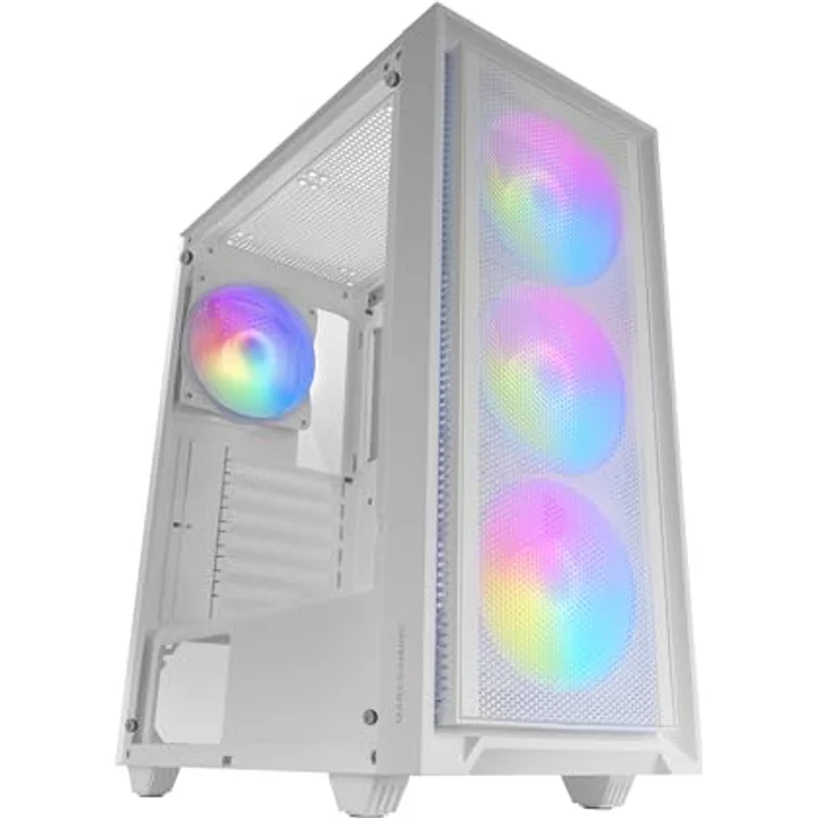 MARSGAMING MC-AIR, Gaming ATX-Gehäuse, 4X FRGB Rainbow 120mm Lüfter, Mesh-Frontpanel, Komplettes Seitliches Hartglasfenster, Doppelkammersystem, Unterstützung für Wasserkühlung, Weiß – Bild 1