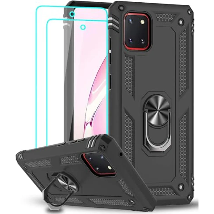 LeYi Hülle für Samsung Galaxy Note 10 Lite/A81, 360 Grad Ring Halter mit Panzerglas Schutzfolie, Schwarz, Stoßdämpfende Bumper Schutzhülle – Bild 1