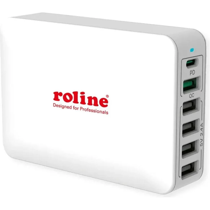 Roline USB Ladegerät 60W, 1x USB-C + 1x QC3.0 A + 4x USB 2.0, Schnellladung, Weiss