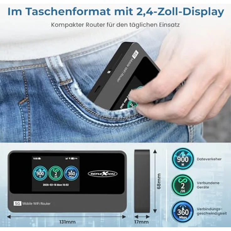 Reflexion 5GCONNECT WLAN Router, mobiler Hotspot mit 4200mAh Akku, WiFi 6, 2,4 Zoll Display, Nano-SIM, bis 16 Geräte, USB-C Anschluss – Bild 3