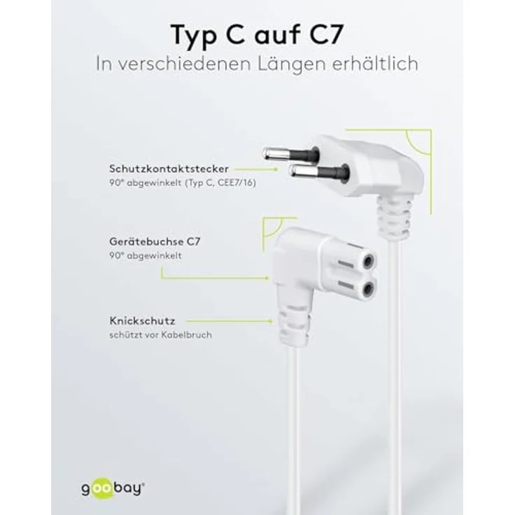 Goobay 97351 Euro Anschlusskabel beidseitig abgewinkelt, 2 m, Schwarz Eurostecker (Typ C, E 7-16) > Gerätebuchse C17 – Bild 4