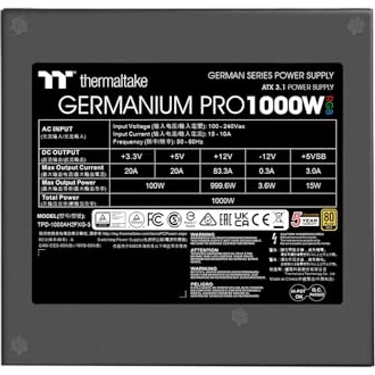 Thermaltake Germanium Pro 1000W Netzteil, RGB, ATX 3.1, 80Plus Gold, Vollmodular, 120mm Lüfter mit 256-Farb-Cycle – Bild 5