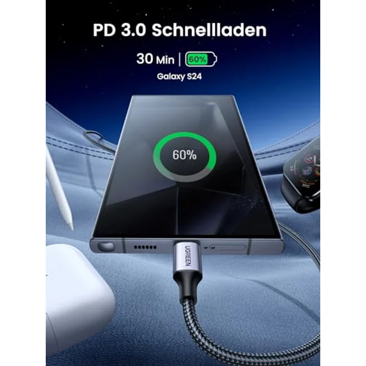 Ugreen USB Type C Kabel US261, 1 m, 60 W, 3 A, Quick Charge, 480 Mbps, schwarz-grau – Bild 2
