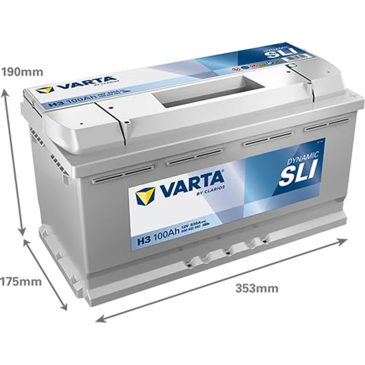 VARTA H3 Silver Dynamic 100Ah 830A Autobatterie, wartungsfrei, korrosionsbeständig, 12V, Maße: 353 x 175 x 190 mm – Bild 3