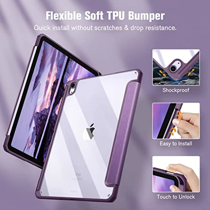 Fintie Hybrid Hülle für iPad Air 11 Zoll M3 2025/M2 2024, iPad Air 5/4 Gen (2022/2020) - Stoßfeste Schutzhülle mit transparenter Hartschale und Stifthalter, Dunkellila – Bild 3