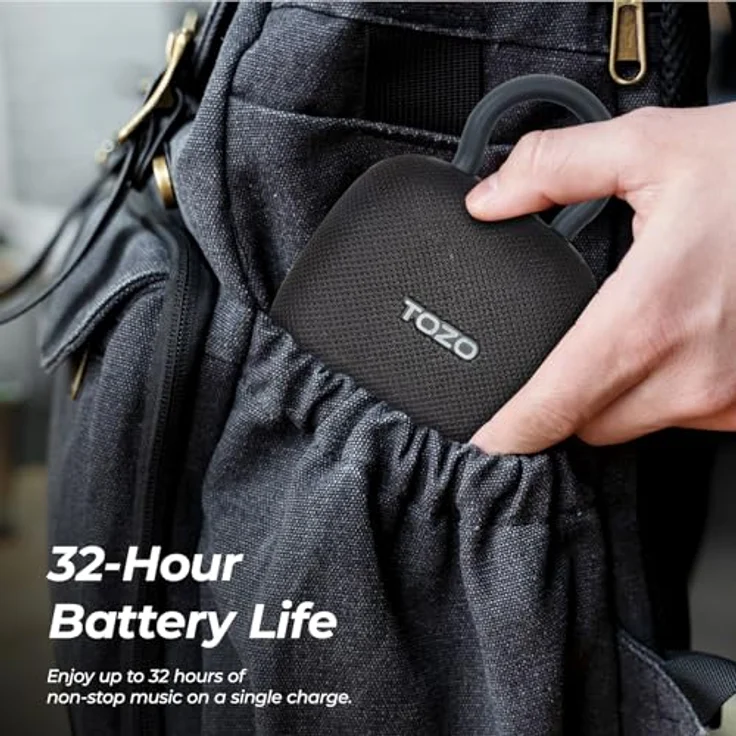 TOZO PE1 Mini Bluetooth Lautsprecher, IPX8 wasserdicht, 32 Std. Akku, tragbar mit Karabiner und kraftvollem Bass - Schwarz – Bild 4
