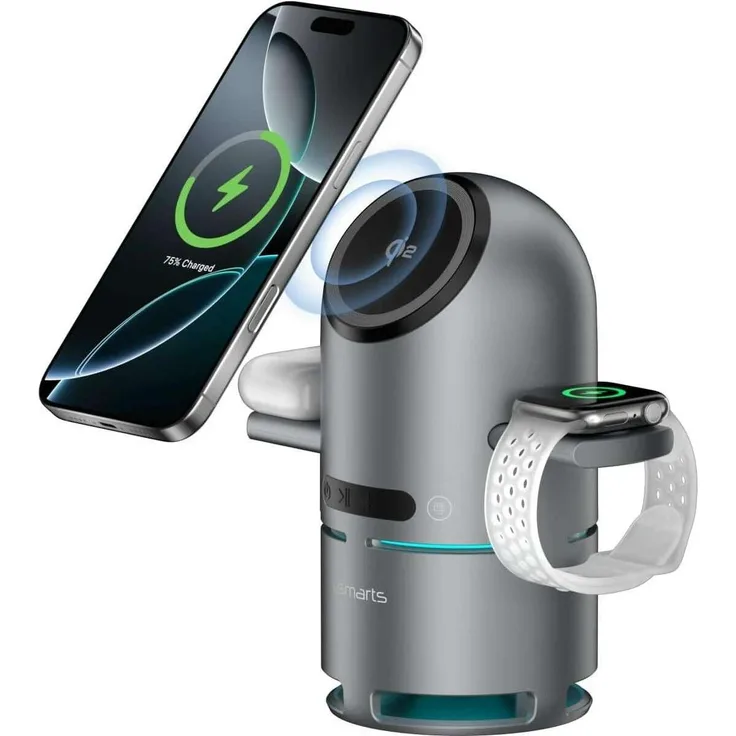 4smarts Wireless Charger 3-in-1 ChargeBot Sound, kabelloses Ladegerät mit 15W, integriertem Lautsprecher, Spacegrau