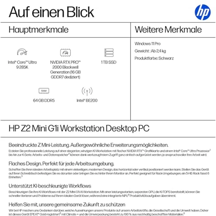 HP Z2 Mini G1i, Workstation mit Intel Core Ultra 9 285K, 64 GB RAM, 1 TB SSD, NVIDIA RTX PRO 2000, Windows 11 Pro, schwarz – Bild 8