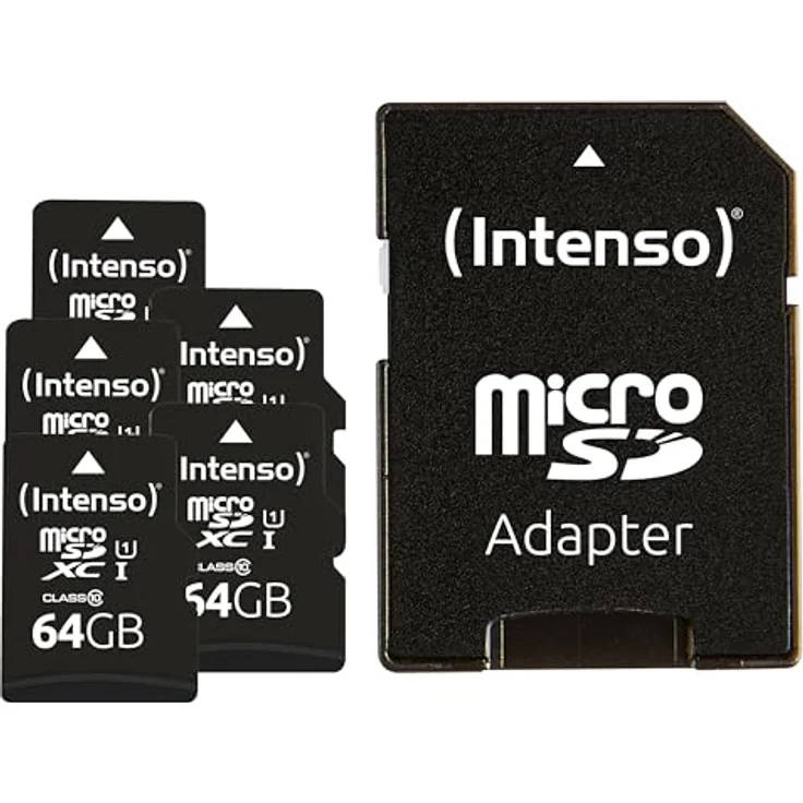 Intenso Premium microSDXC Speicherkarte 5er Pack, 64GB Class 10 UHS-I, Lesegeschwindigkeit bis 90 MB/s, wasserfest, schwarz, inkl. SD-Adapter – Bild 1
