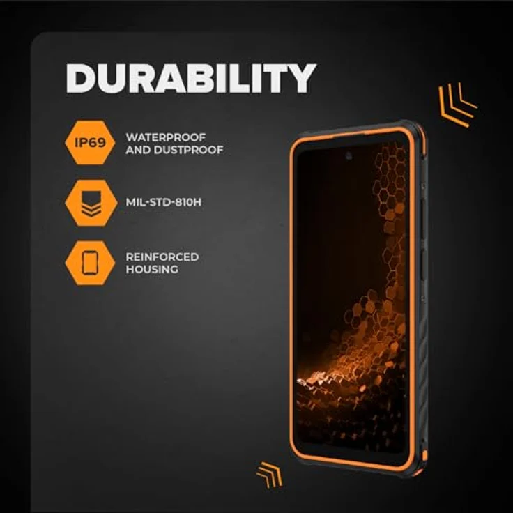 Hammer Iron 6 5G, Outdoor Handy mit 8GB RAM, 256GB Speicher, 6.56" 120Hz Display, IP69, 6050mAh Akku, Dual SIM, NFC – Schwarz-Orange – Bild 2