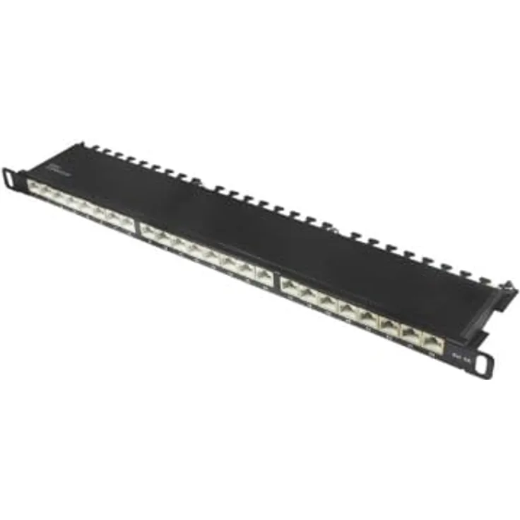 Good Connections® Patchpanel 19", 24-Port Cat. 6A, 10-GIGABIT-fähig, STP geschirmt, werkzeugloses Öffnen, Tiefschwarz (RAL9005)