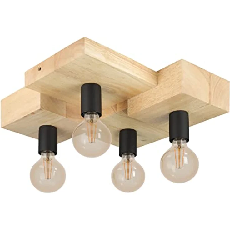 EGLO Deckenleuchte Halkin 4-flammig, natürliche Deckenbeleuchtung, FSC100HB, Holz in Natur und Metall in Schwarz, Wohnzimmerlampe mit E27 Fassung – Bild 1