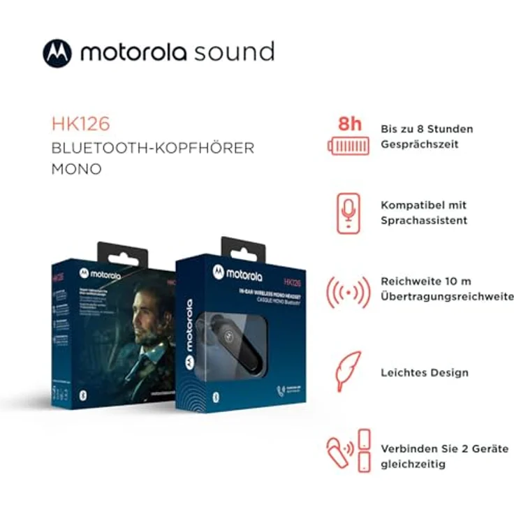 Motorola HK126 In Ear Headset, kabellos Bluetooth® mit 8 Stunden Sprechzeit, Schwarz – Bild 3