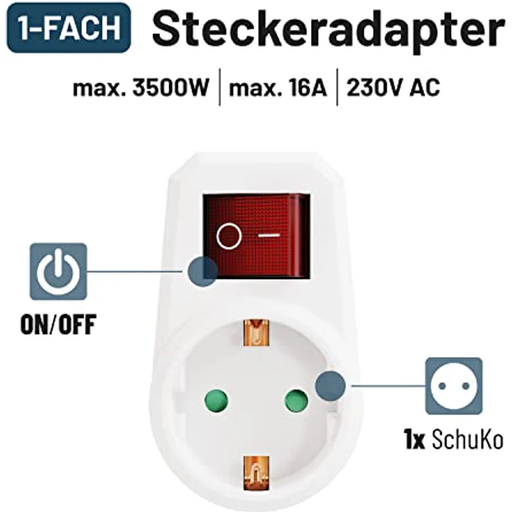 greate. 3x 1fach Steckdosenadapter mit Schalter - Zwischenschalter ohne Kabel Mehrfachsteckdose – Bild 3