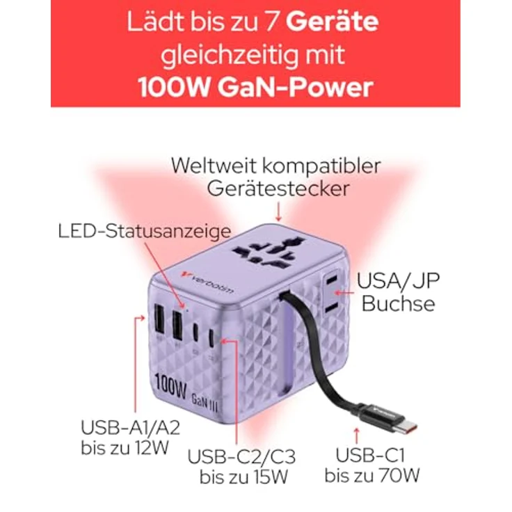 Verbatim Charge 'N' Travel 100W, Universal-Reiseadapter mit integriertem USB-C Kabel, lila – Bild 4
