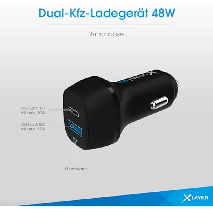 Xlayer Kfz-Ladegerät Typ C PD 48W & USB QC3.0 18W Dual Adapter, Schnellladegerät für Smartphones und Tablets, Schwarz – Bild 4