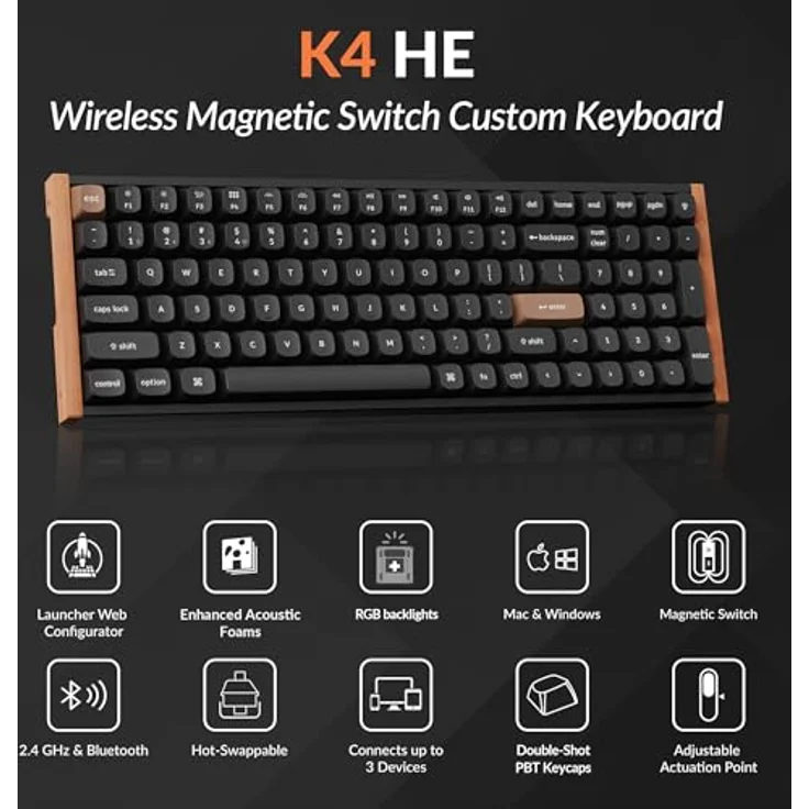 Keychron K4 HE Rapid Trigger, Mechanische Wireless Tastatur mit Hall-Effekt Gateron Magnetschaltern, QMK, 2,4 GHz, Bluetooth 5.2, RGB, Aluminium, kompatibel mit Mac, Windows und Linux – Bild 2