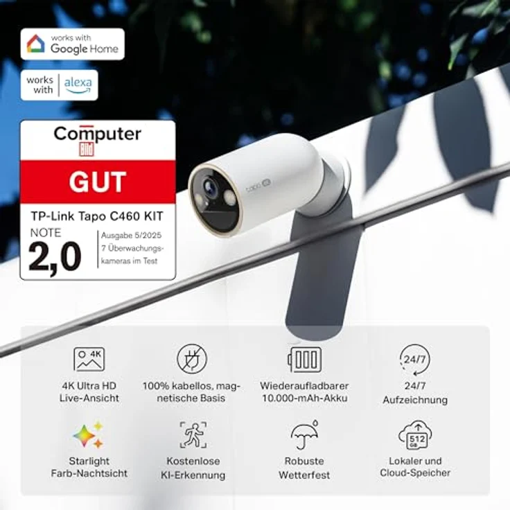 Tapo C460 4K 8MP Überwachungskamera Außen, Akku, Starlight-Farb-Nachtsicht, Dual-Band WLAN, IP66 wetterfest, 10000-mAh-Akku, KI-Erkennung, magnetischer Fuß – Bild 2