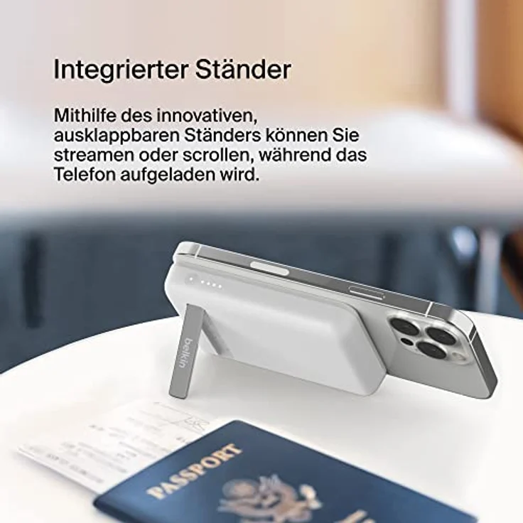 Belkin magnetische 5000-mAh-Powerbank, externer Handy-Akku, kompatibel mit MagSafe, Passthrough-Ladefunktion und Ständer, 7, 5 W Ausgang, 10 Eingang, iPhone 14, 13, 12 – Weiß, BPD004btWT – Bild 5