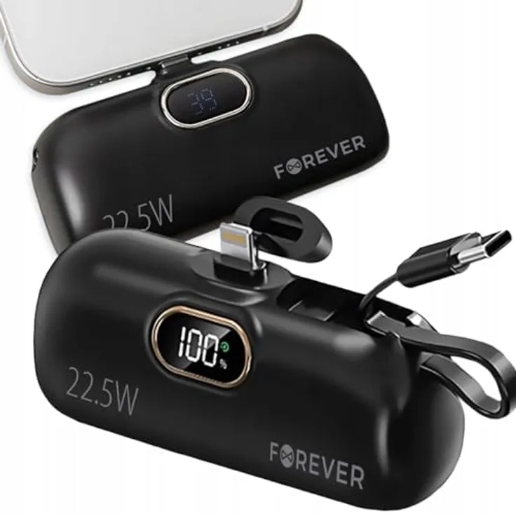 FOREVER Power Bank Mini Lightning Schwarz 5000mAh, Schnellladefunktion, Pass-Through-Technologie, LED-Display, leicht und kompakt für unterwegs