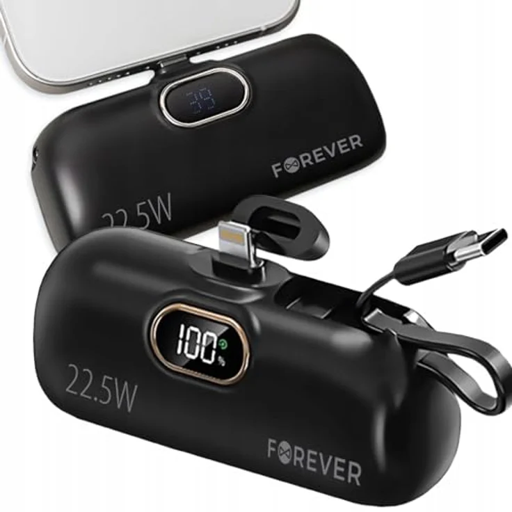 FOREVER Power Bank Mini Lightning Schwarz 5000mAh, Schnellladefunktion, Pass-Through-Technologie, LED-Display, leicht und kompakt für unterwegs – Bild 1