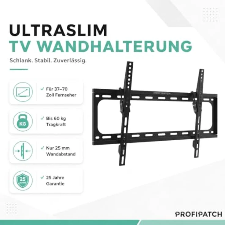 Profipatch TV Halterung Slim, für TVs 37-70 Zoll bis 60 kg Tragkraft, schwarze feste Montage – Bild 2