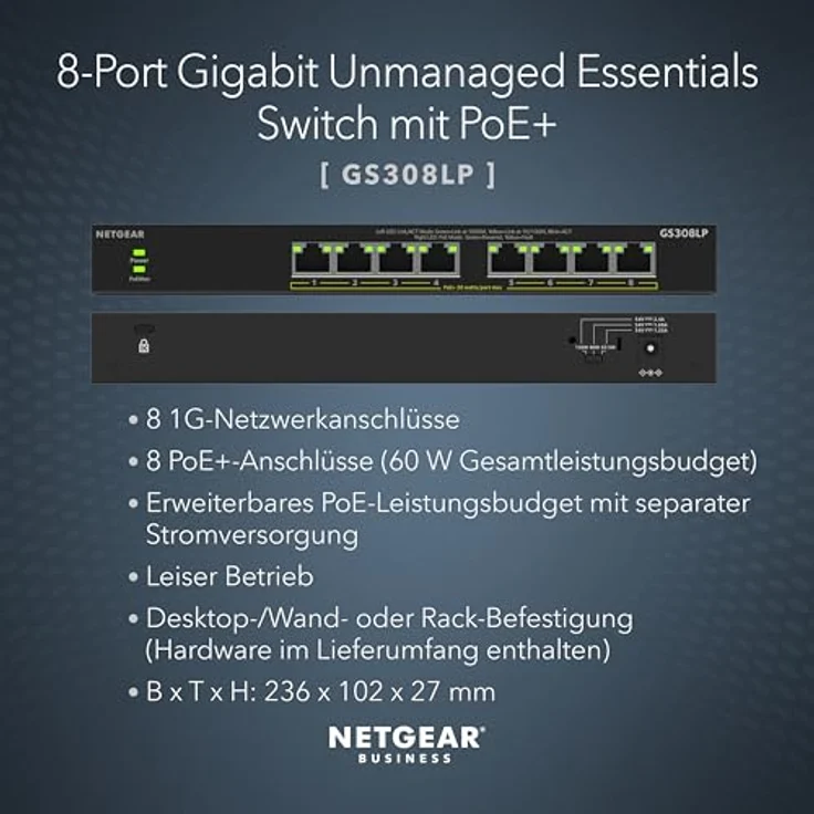 NETGEAR GS308LP, 8-Port PoE Gigabit Ethernet Unmanaged Switch mit 8 x PoE+ und 60 W, erweiterbar, Desktop-, Wand- oder Rack-Befestigung – Bild 2