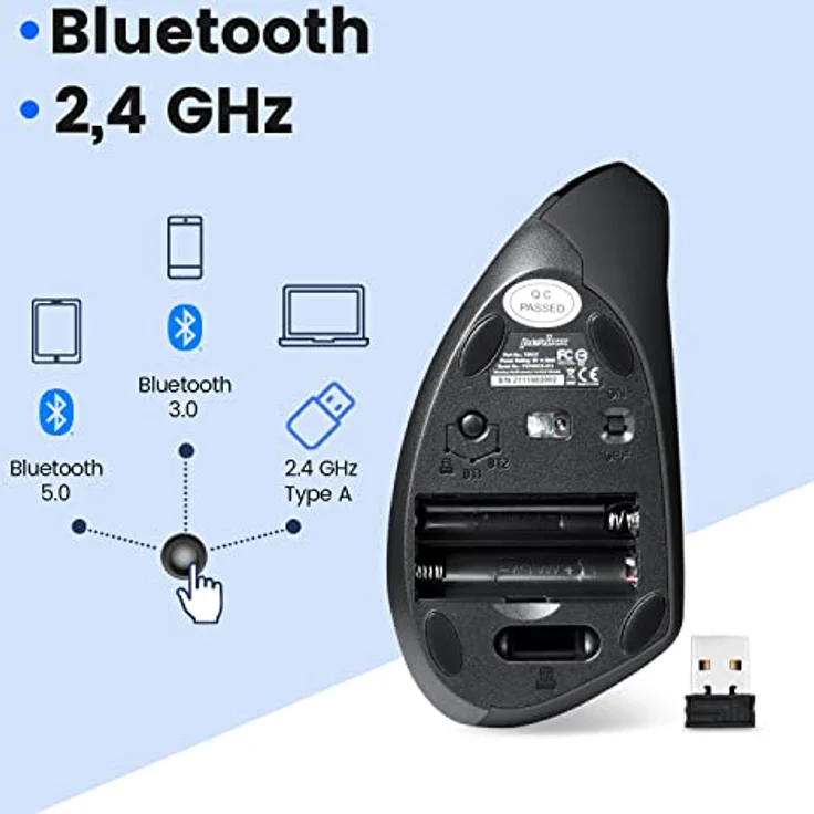 Perixx PERIMICE-813B Vertikale Bluetooth-Maus, kabellose 3-in-1-Multi-Device-Technologie, Reisetaschengröße, Rechtshänder, Schwarz – Bild 4