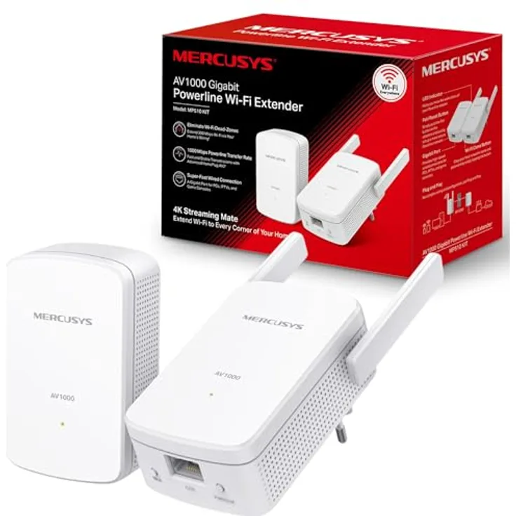 Mercusys AV1000 Gigabit Powerline Starter Kit MP510, Datenübertragung bis zu 1000 Mbps, 300 Mbps WLAN-Erweiterung, Plug-and-Play, Weiß