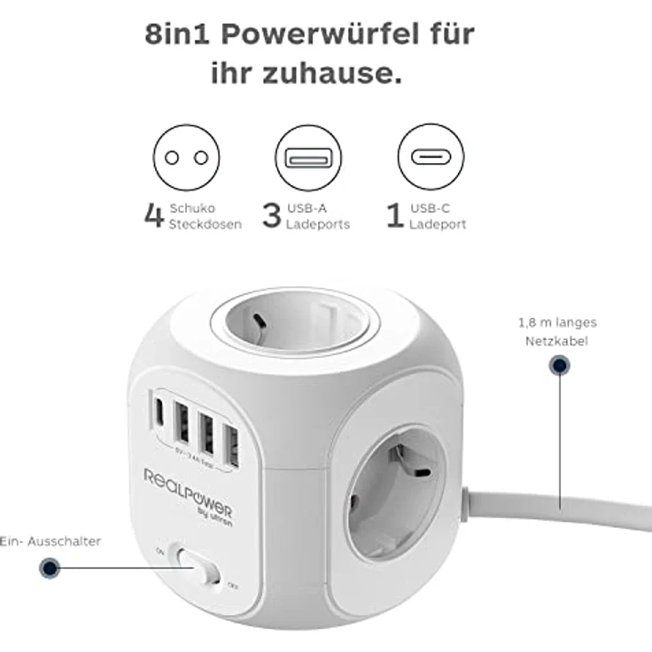 RealPower Mehrfachsteckdose mit USB, 4Fach Stecker mit 3 USB und 1 USB C, Cube Steckdosenleiste, 15 Watt Ladegerät - Weiß – Bild 2