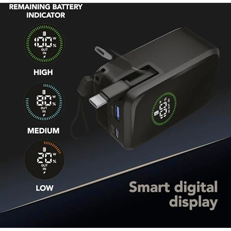 Cellularline Power Bank Roller 10000 mAh, Tragbare Powerbank mit 45 W Ausgang und einziehbarem USB-C-Kabel, Schwarz – Bild 4