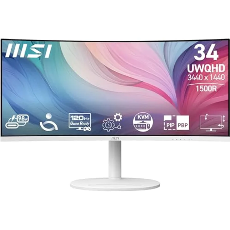 MSI Modern MD342CQPW PC-Monitor 34 Zoll UWQHD Curved 1500R – VA Panel 3440 x 1440, KVM, Pip/PBP, Breites Farbspektrum, Augenkomfort, integrierte Lautsprecher, 3-Achsen verstellbar, HDMI 2.0b, DP 1.4, Weiß