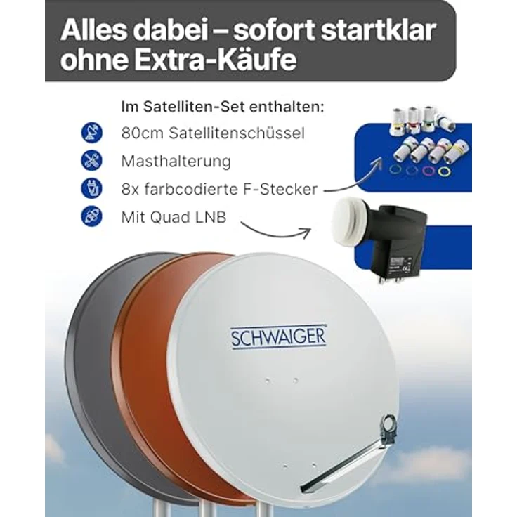 Schwaiger Satellitenanlage Set, Anthrazit Aluminium 80 cm, Offset Antenne mit Quad LNB für bis zu 4 Teilnehmer – Bild 3