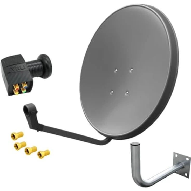 ARLI 60 cm HD Satellitenantennen-Anlage, Quad LNB Digital mit Wandhalter 25 cm und 4 F-Steckern, Grau, UHD 4K, wetterfest, rostfreier Stahl – Bild 1