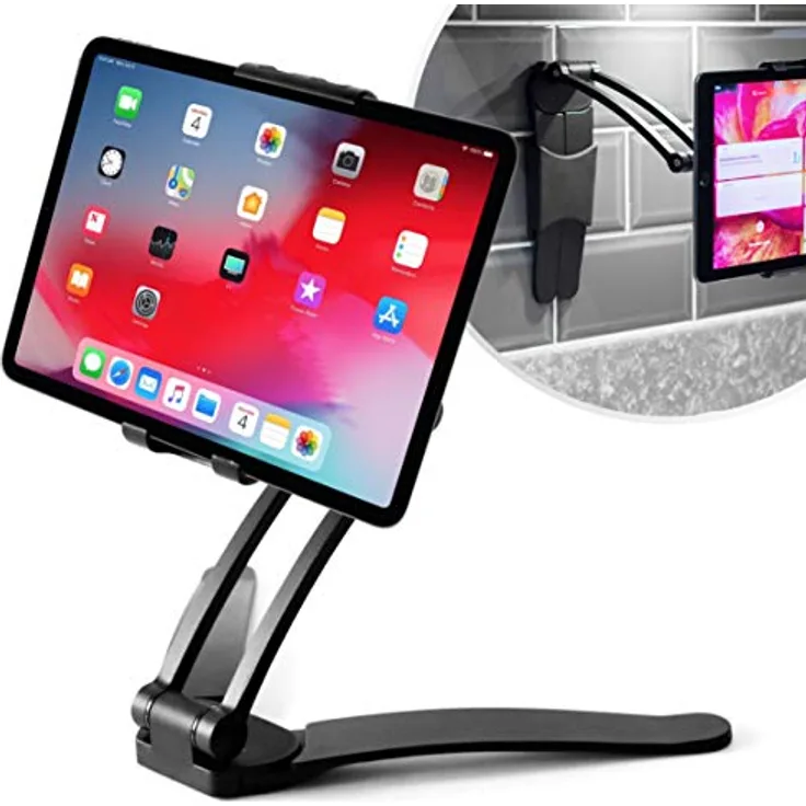 Desire2 Tablet Ständer und Handy Halterung 2 in 1, Ideal für Küchenwand und Arbeitsplatte Kompatibel mit iPad, Tablet, iPhone 12, 13, 14, 14 Pro max Samsung, Allen Smartphones, Schwarz
