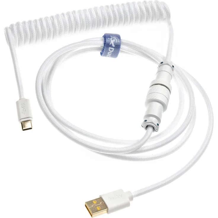 Ducky Coiled Cable - White Edition, 1,80 m USB-Kabel mit USB-C und USB-A Stecker, Nylon-Ummantelung