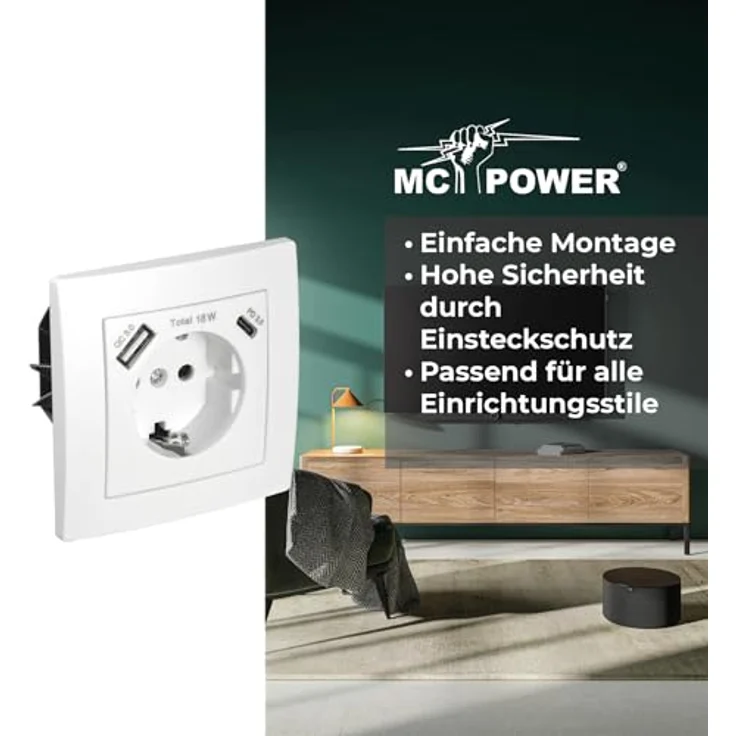 McPower FLAIR Unterputz Steckdose, 1x USB-C 18W Quickcharge, 1x USB-A, Einsteckschutz, weiß matt – Bild 3