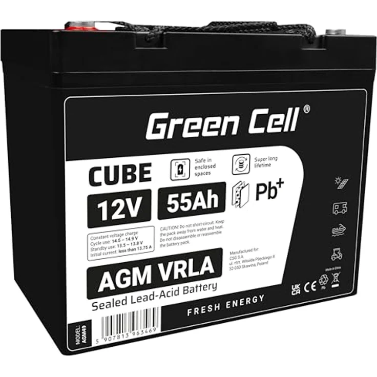 Green Cell AGM 12V 55Ah Akku Vlies Batterie - Wartungsfrei, Zyklenfest, Schwarz – Bild 1