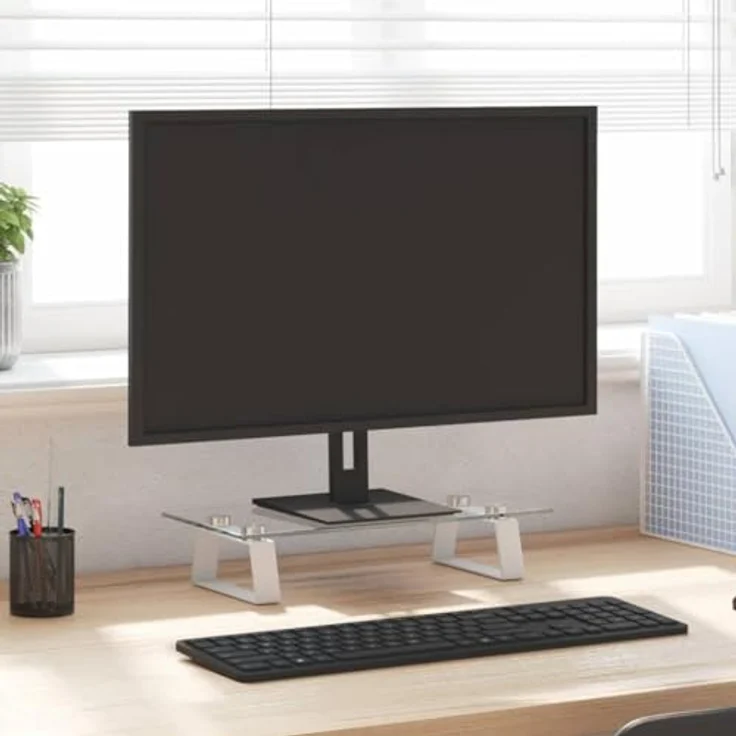 vidaXL Monitorständer, Monitorerhöhung mit Stauraum, Schreibtischaufsatz aus Hartglas und Metall, Weiß 40x20x8cm – Bild 2